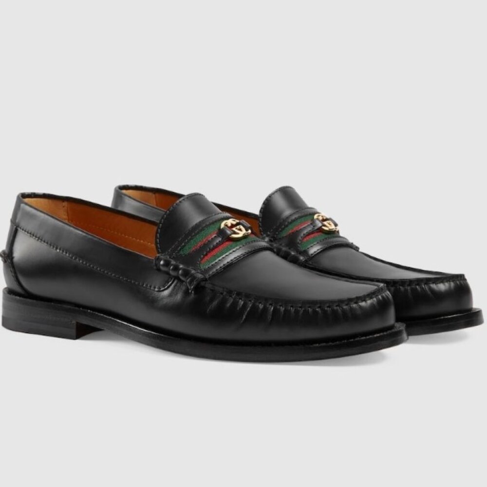 NIB Gucci Kaveh web interlocking G black leather loafers- G 12/ US 13